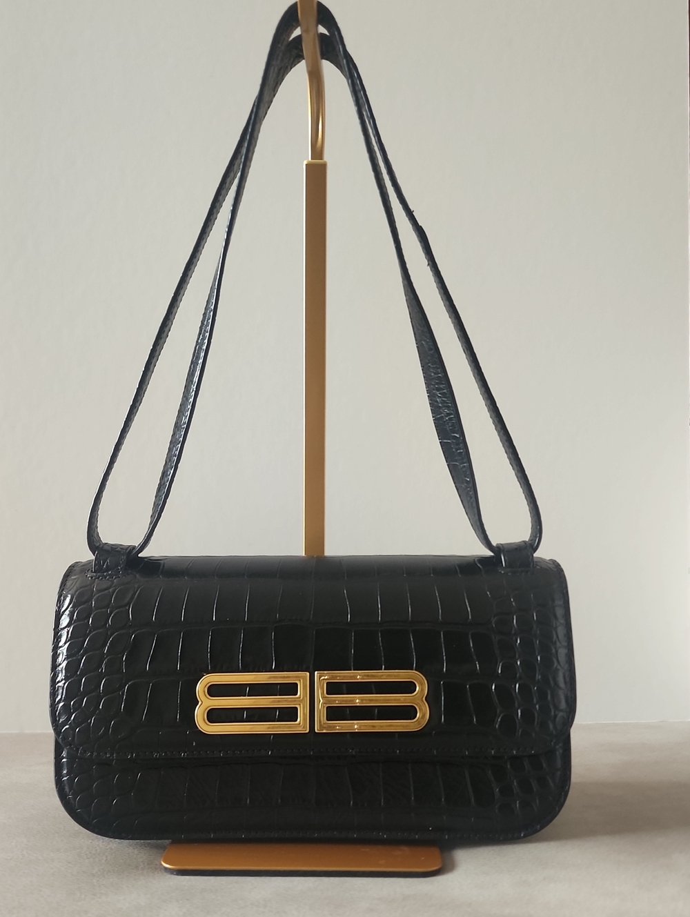 Balenciaga Black Croc-Embossed Shoulder Bag with Gold Hardware - Authentic